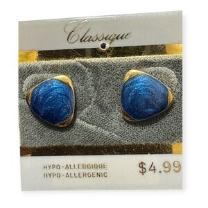 Vintage Stud Earrings Marbled Blue & Gold 1980's NOS Hypoallergenic Grandma Gift